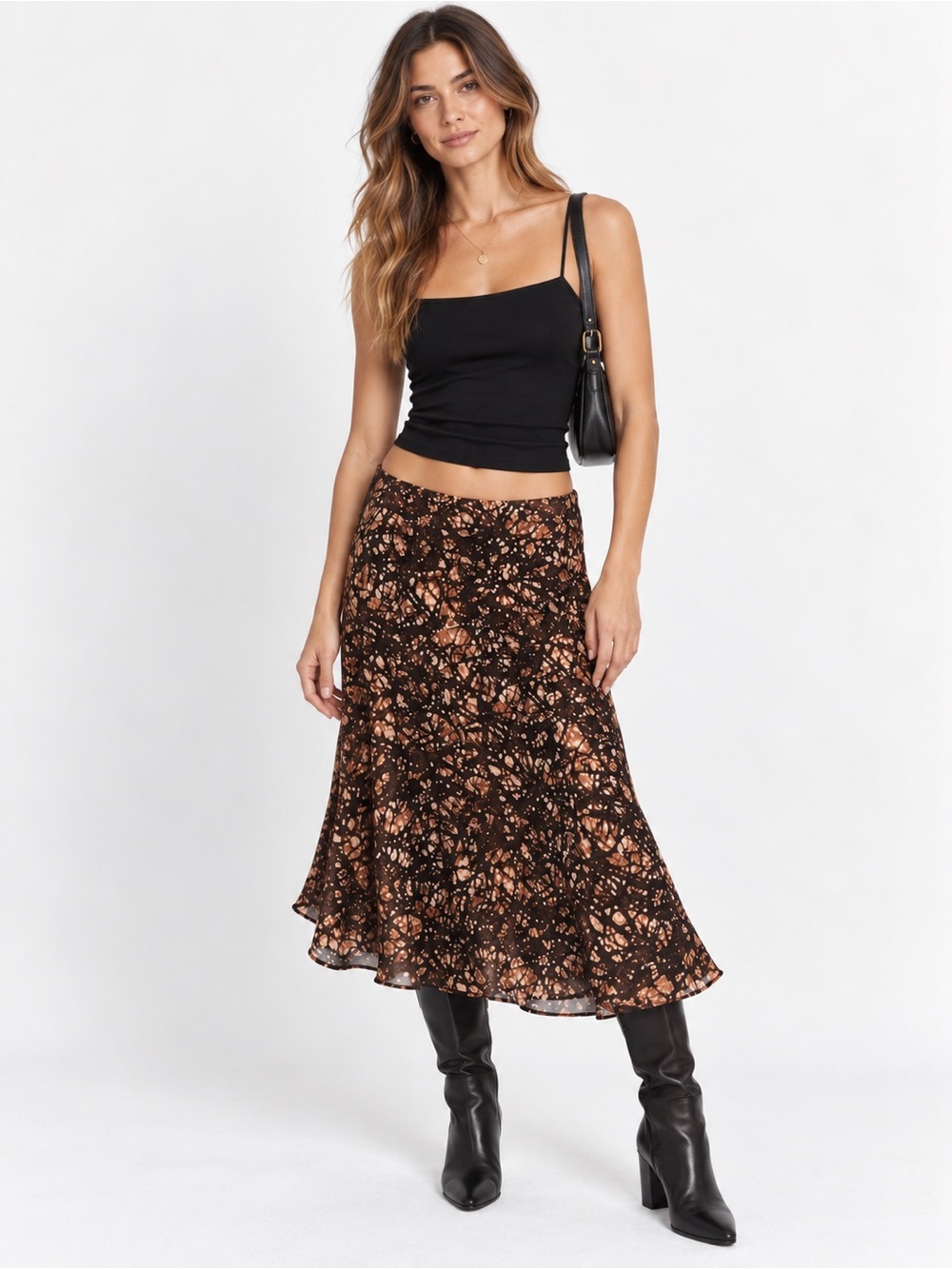 Vintage 90s 100% Silk Hip Hugger Low Rise Midi Skirt Flowy Brown 12P